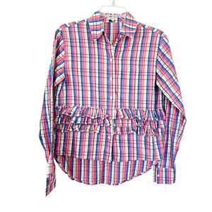 Manoush Pink Blue Plaid Ruffled High Low Long Sleeve Button Up Blouse Size 36/S